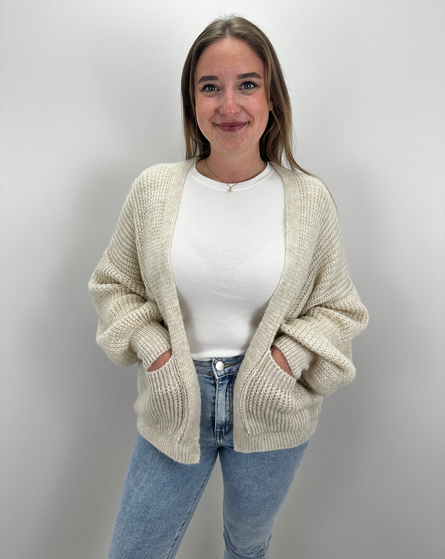 Basic Cardigan mit Ballonärmeln - beige