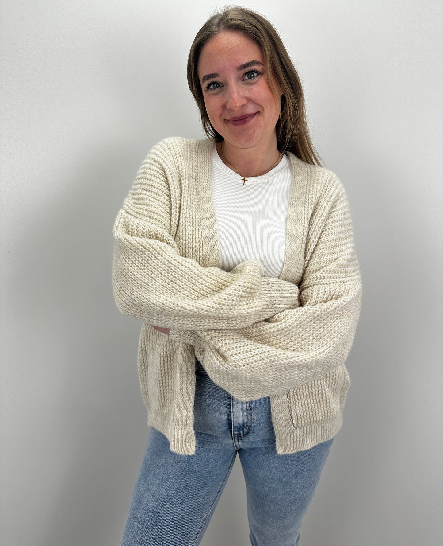 Basic Cardigan mit Ballonärmeln - beige