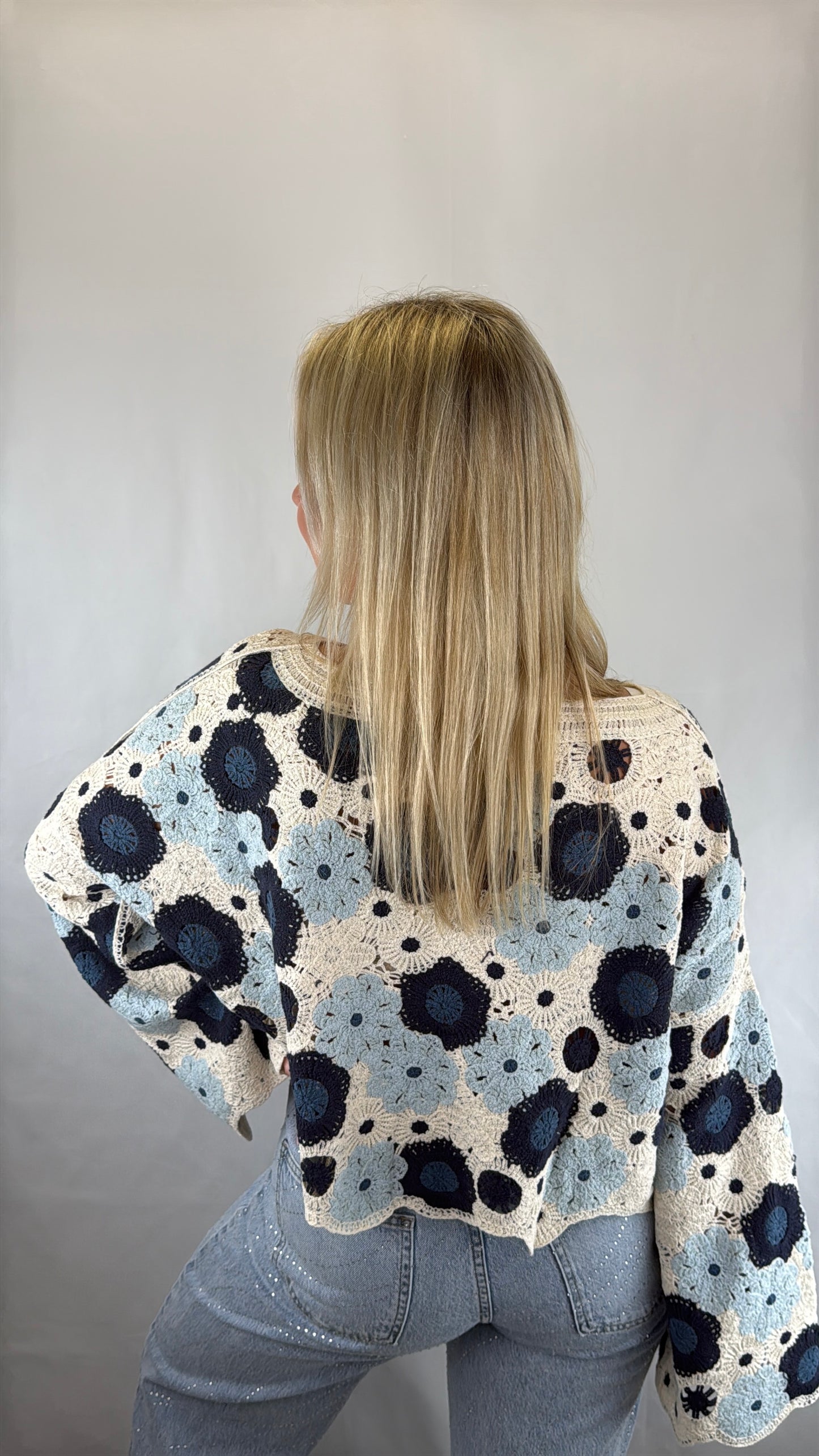 Langarmshirt gehäkelt Naomi - beige/blau/hellblau