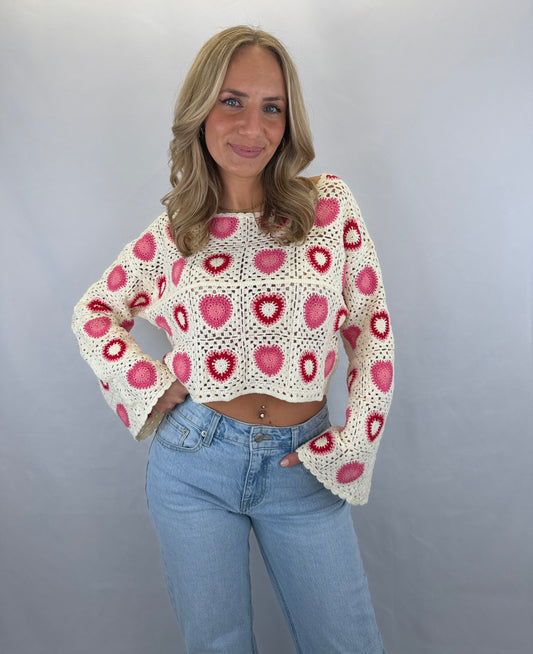 Langarmshirt gehäkelt Namida - beige/rot/pink
