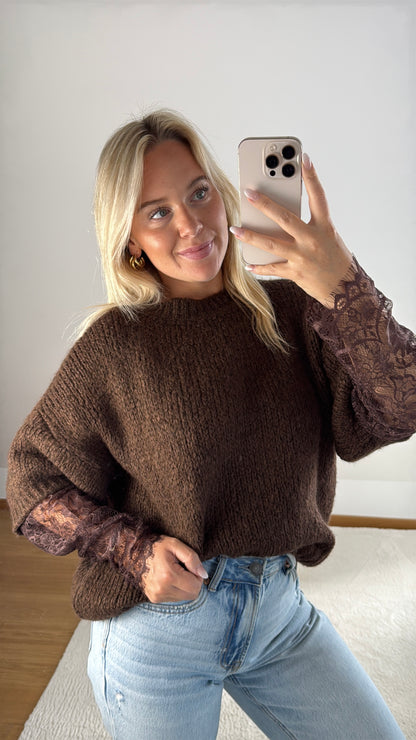 Strickpullover Louisa mit Spitze - braun