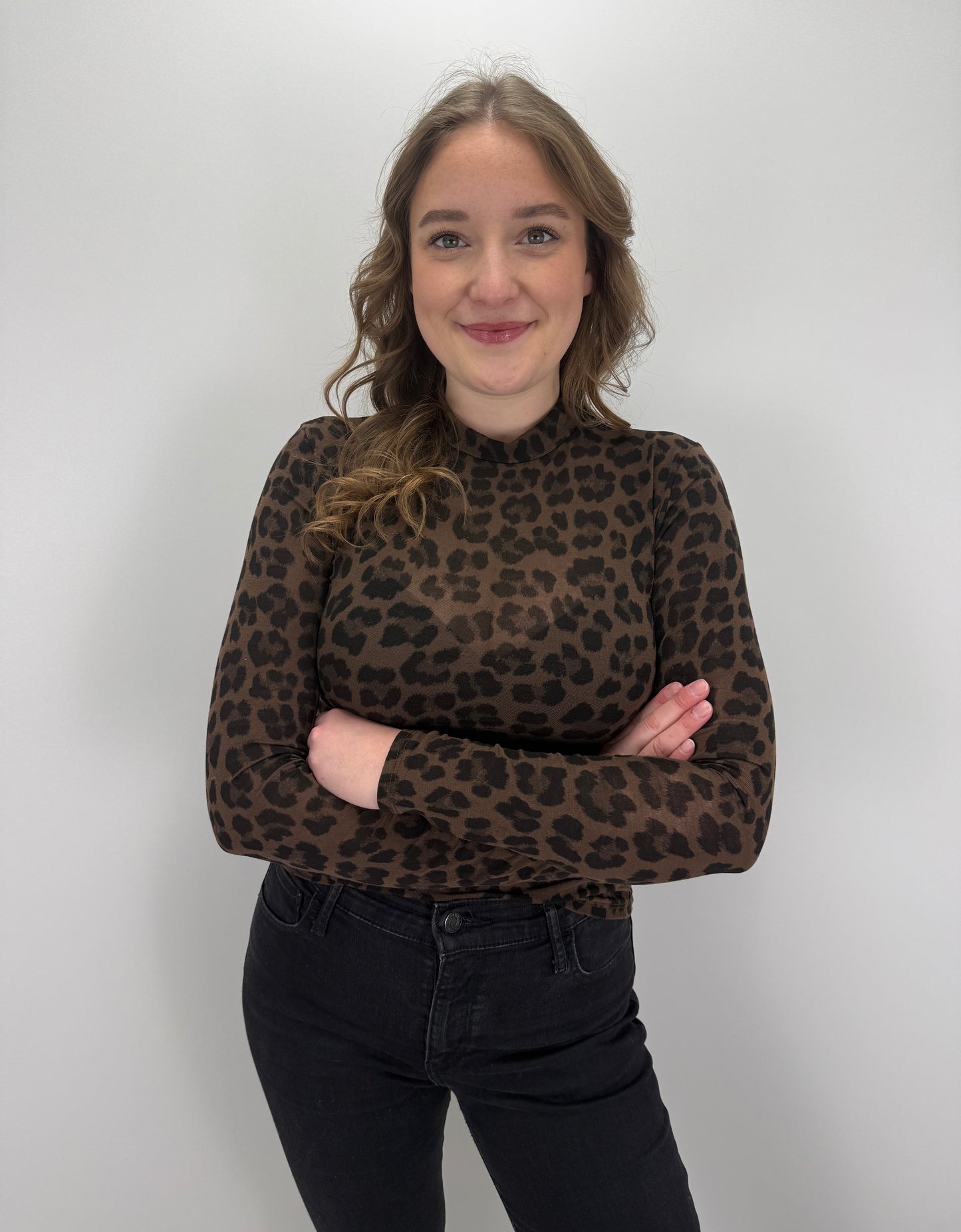 Cashmere Longsleeve Leoprint mit Kragen - braun