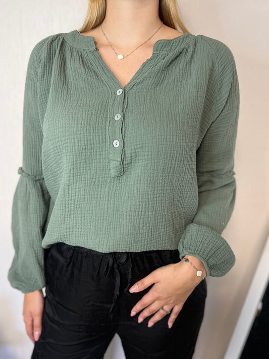 Musselinbluse mit Knopfleiste - khaki