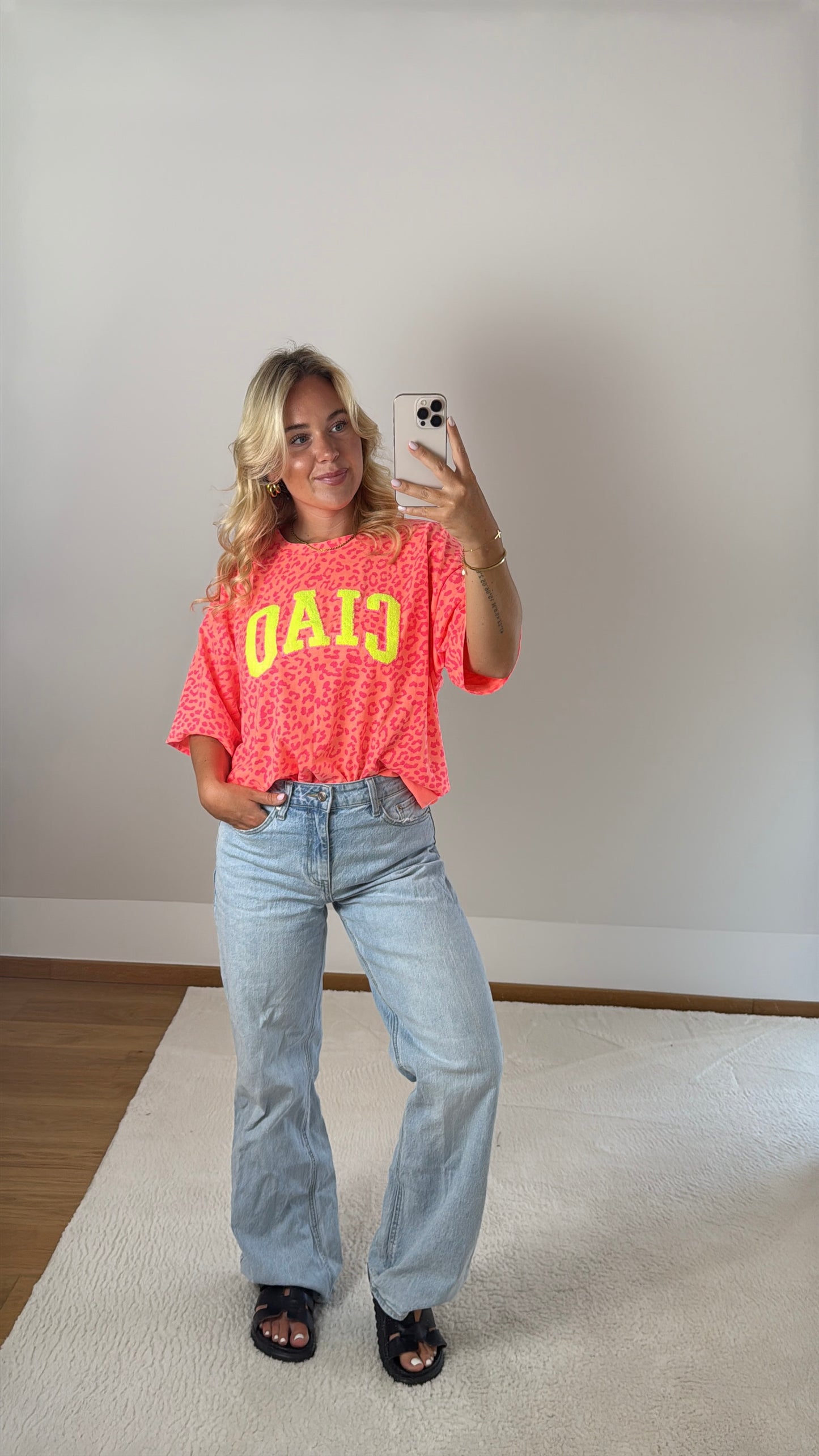 T-Shirt Ciao mit Leoprint - orange/pink/neongelb