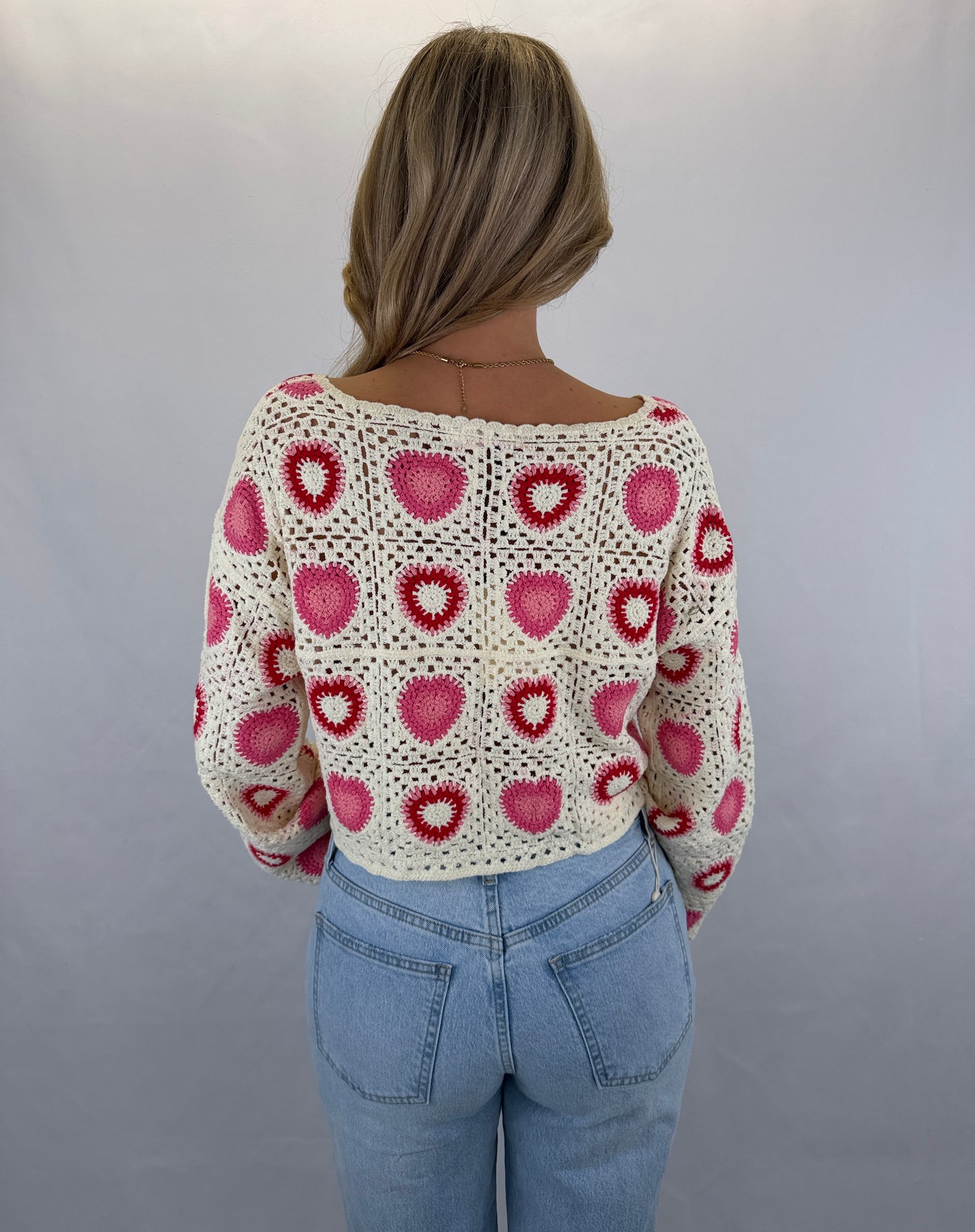 Langarmshirt gehäkelt Namida  - beige/rot/pink
