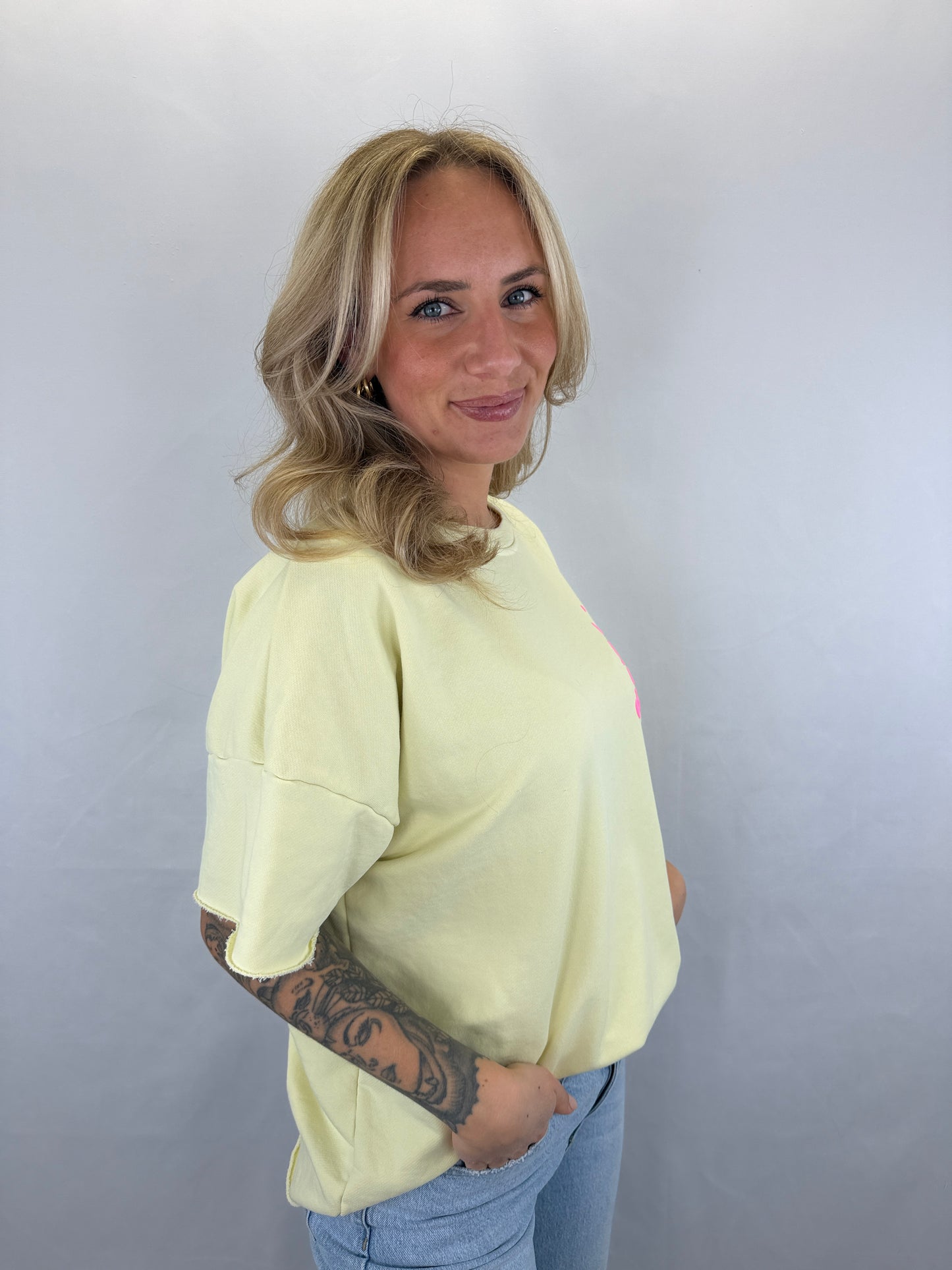 Oversize T-Shirt Smiley - gelb/neonpink
