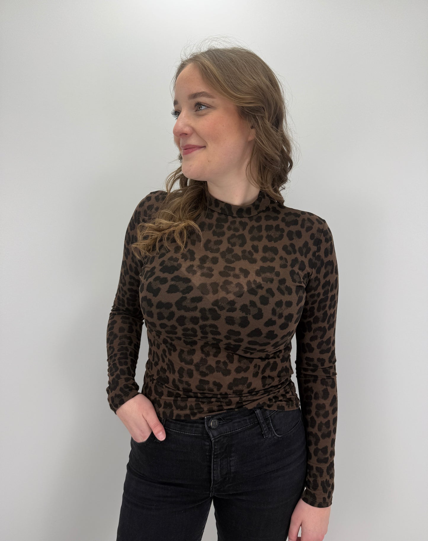 Cashmere Longsleeve Leoprint mit Kragen - braun