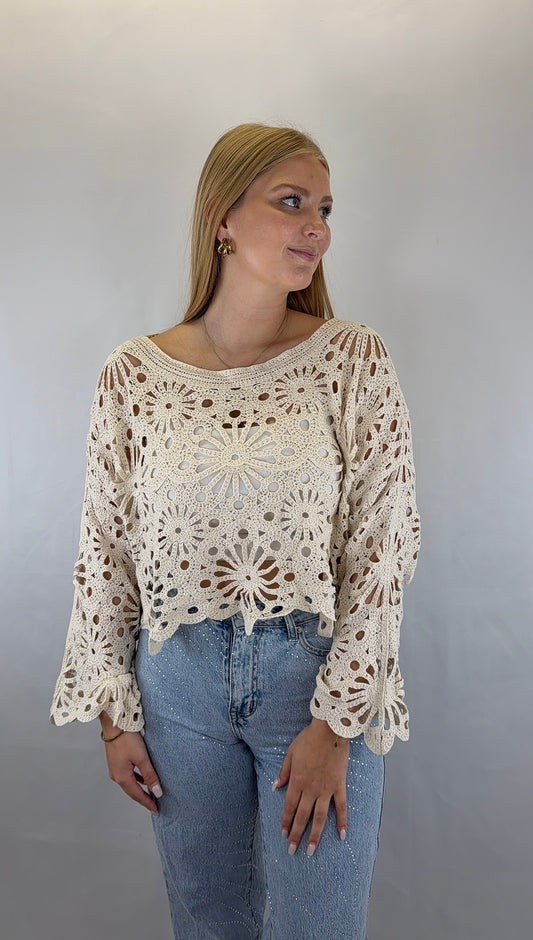 Langarmshirt gehäkelt Nura - beige