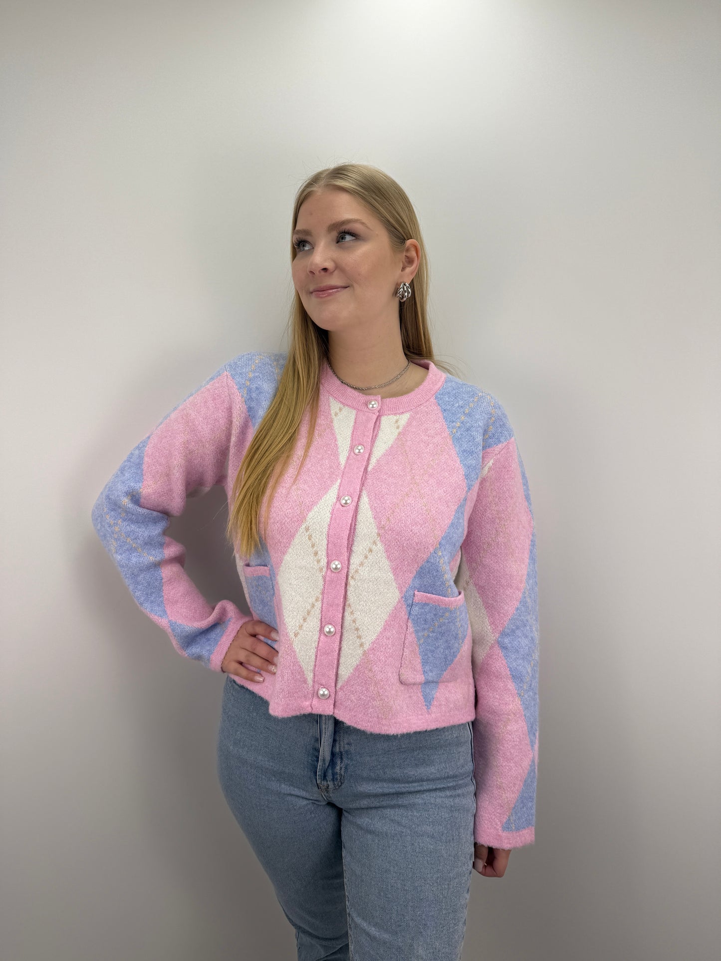 Cardigan Karo - rosa/hellblau