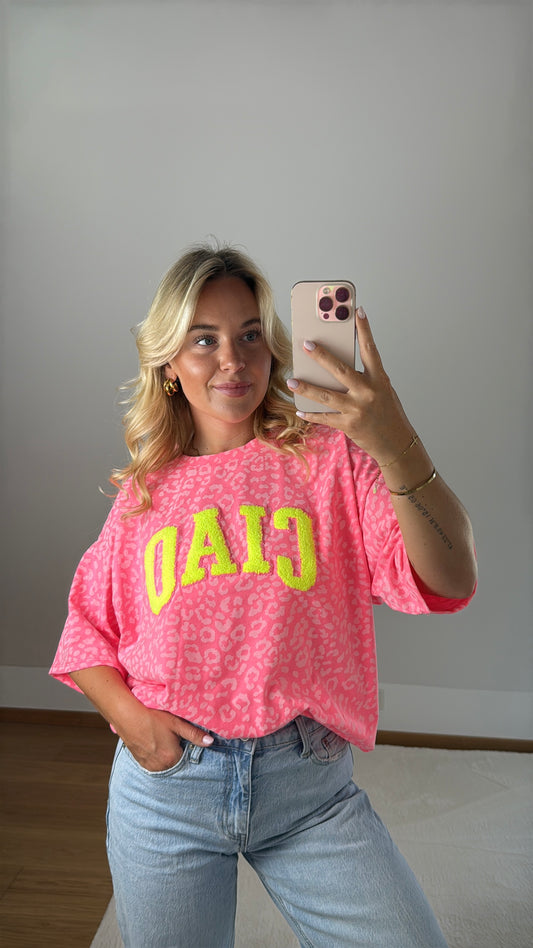 T-Shirt Ciao mit Leoprint - rosa/pink/neongelb