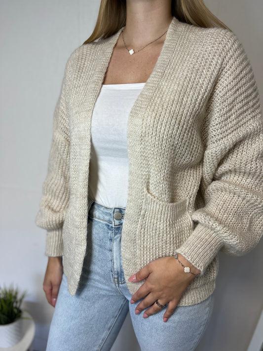 Basic Cardigan mit Ballonärmeln - beige