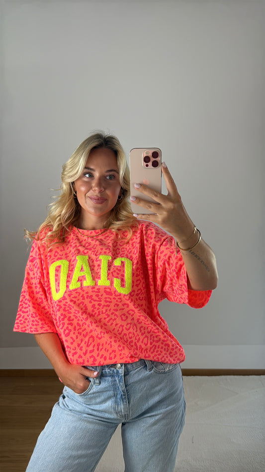 T-Shirt Ciao mit Leoprint - orange/pink/neongelb