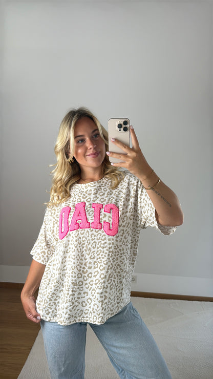T-Shirt Ciao mit Leoprint - beige/weiß/pink