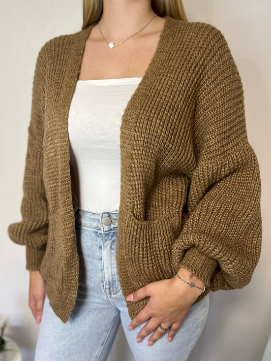 Basic Cardigan mit Ballonärmeln - mokka