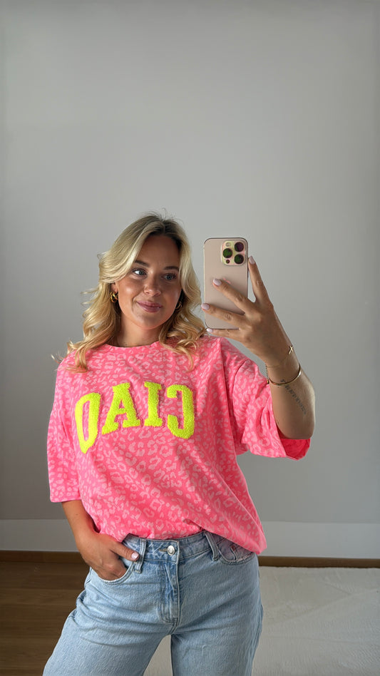 T-Shirt Ciao mit Leoprint - rosa/pink/neongelb