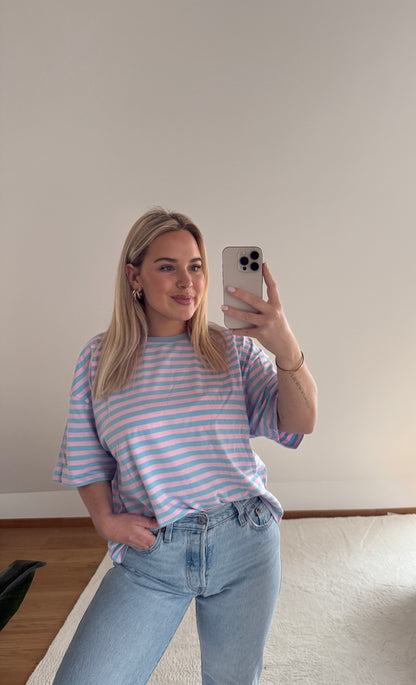 B-WARE Oversize T-Shirt Candy gestreift - blau/rosa