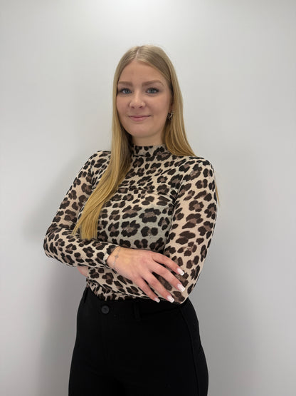 Cashmere Longsleeve Leoprint mit Kragen - beige