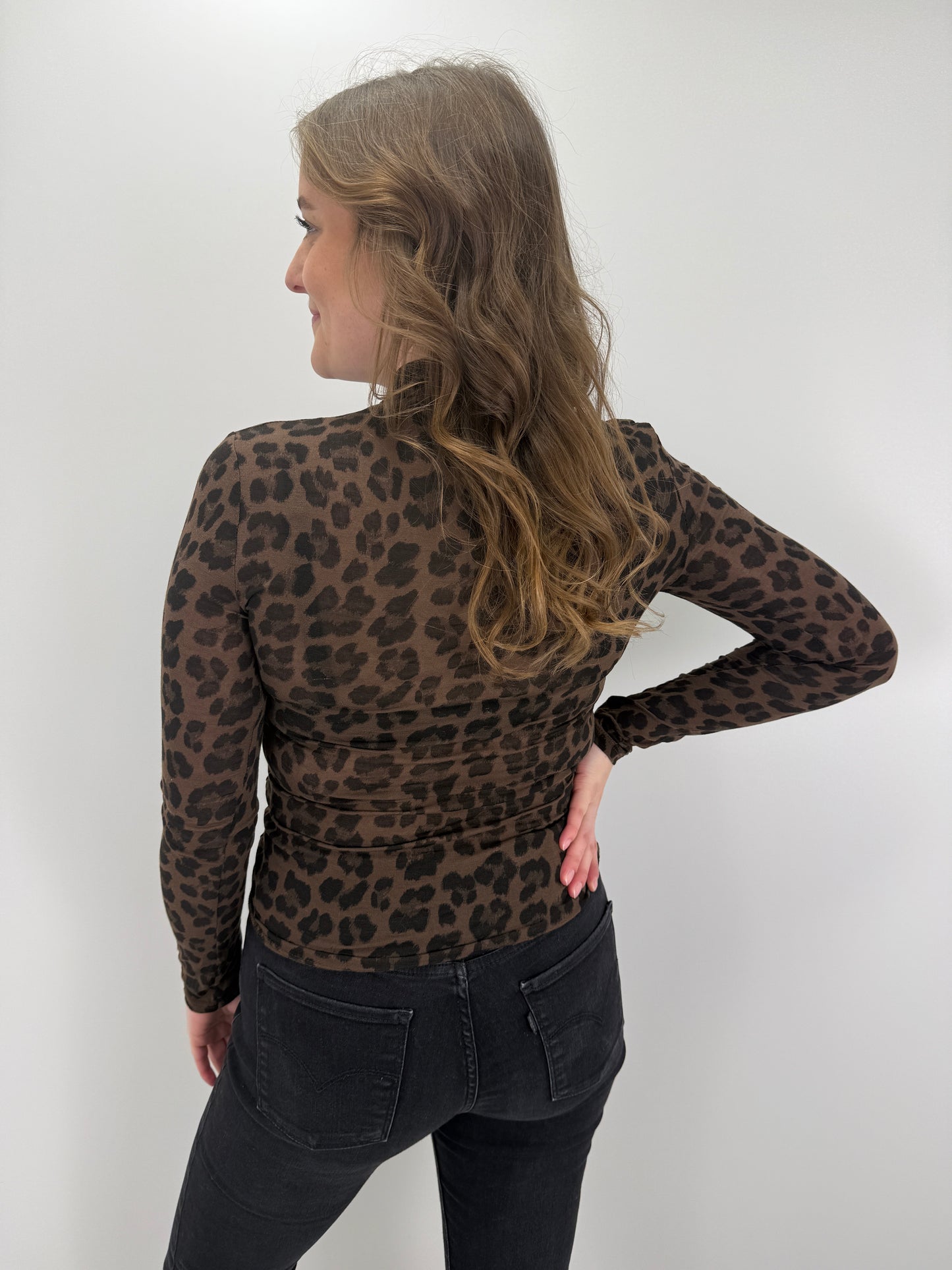Cashmere Longsleeve Leoprint mit Kragen - braun