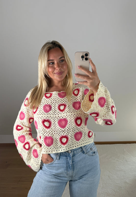 Langarmshirt gehäkelt Namida  - beige/rot/pink