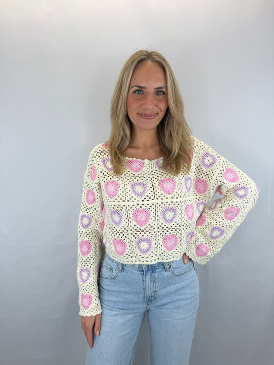 Langarmshirt gehäkelt Namida  - beige/rosa/lila