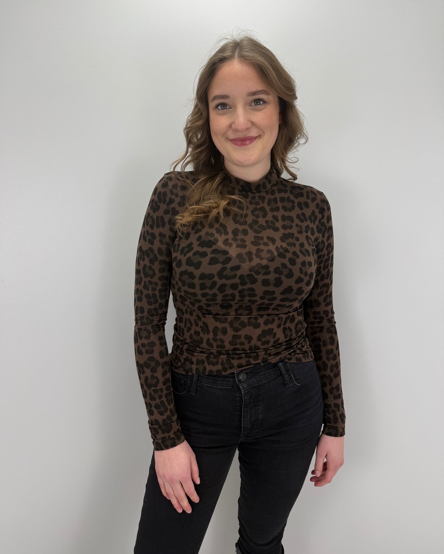 Cashmere Longsleeve Leoprint mit Kragen - braun