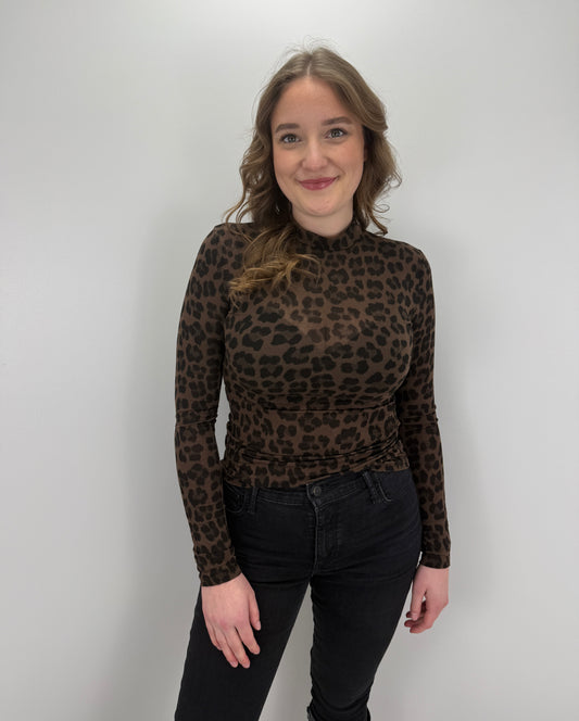 Cashmere Longsleeve Leoprint mit Kragen - braun