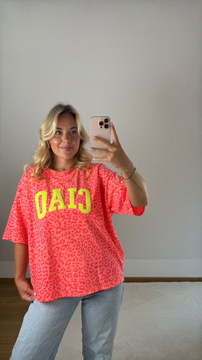T-Shirt Ciao mit Leoprint - orange/pink/neongelb