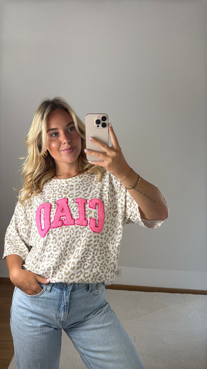 T-Shirt Ciao mit Leoprint - beige/weiß/pink