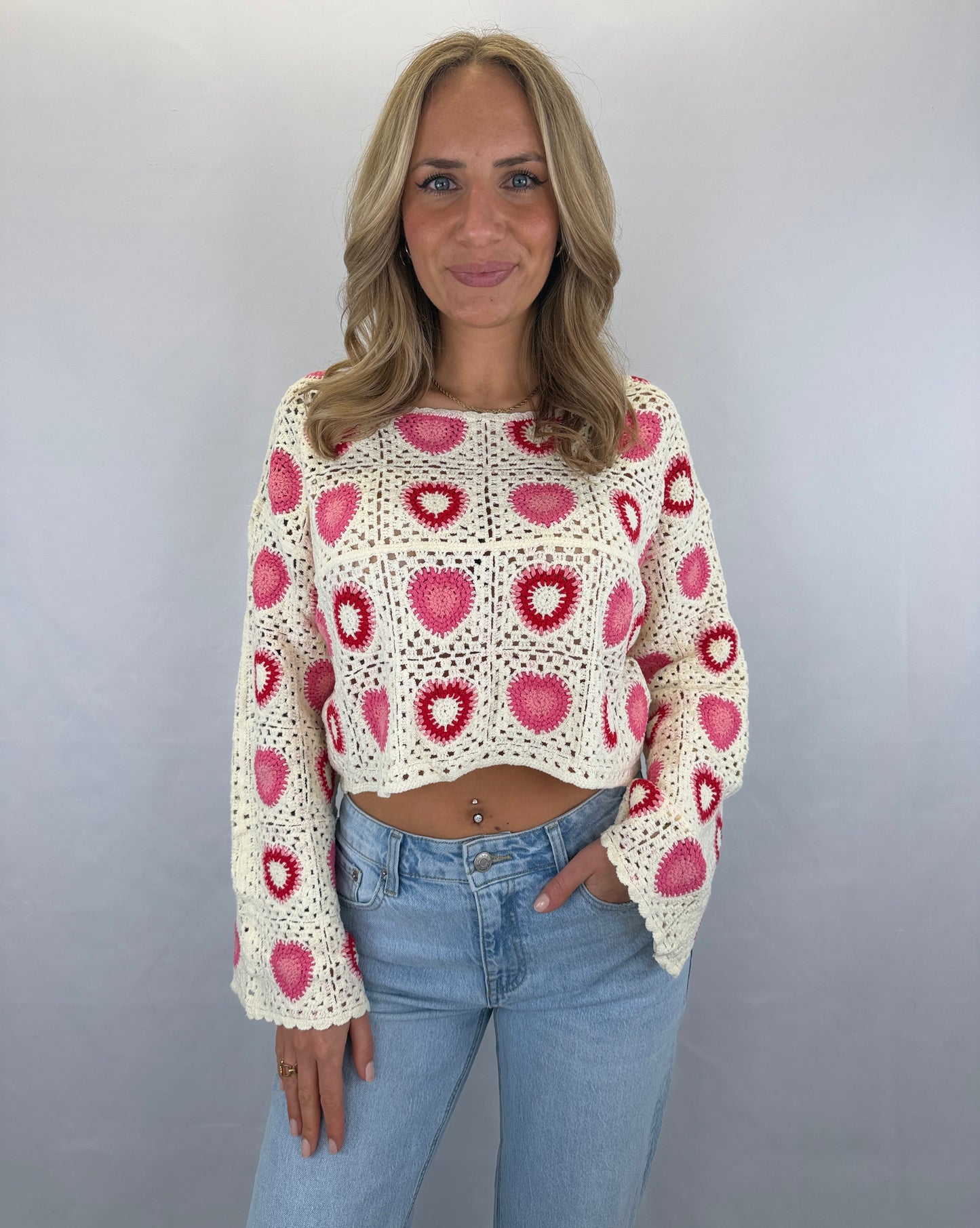 Langarmshirt gehäkelt Namida  - beige/rot/pink