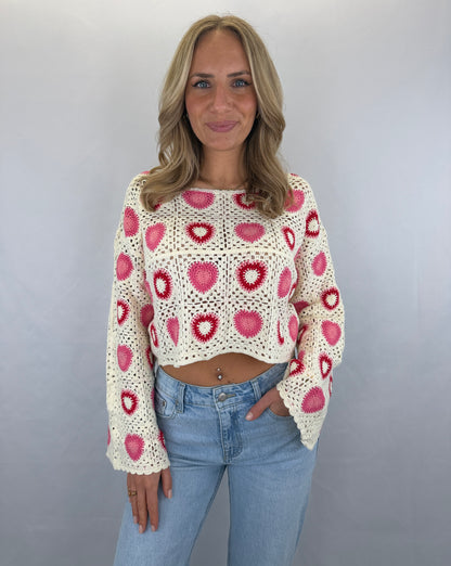 Langarmshirt gehäkelt Namida  - beige/rot/pink