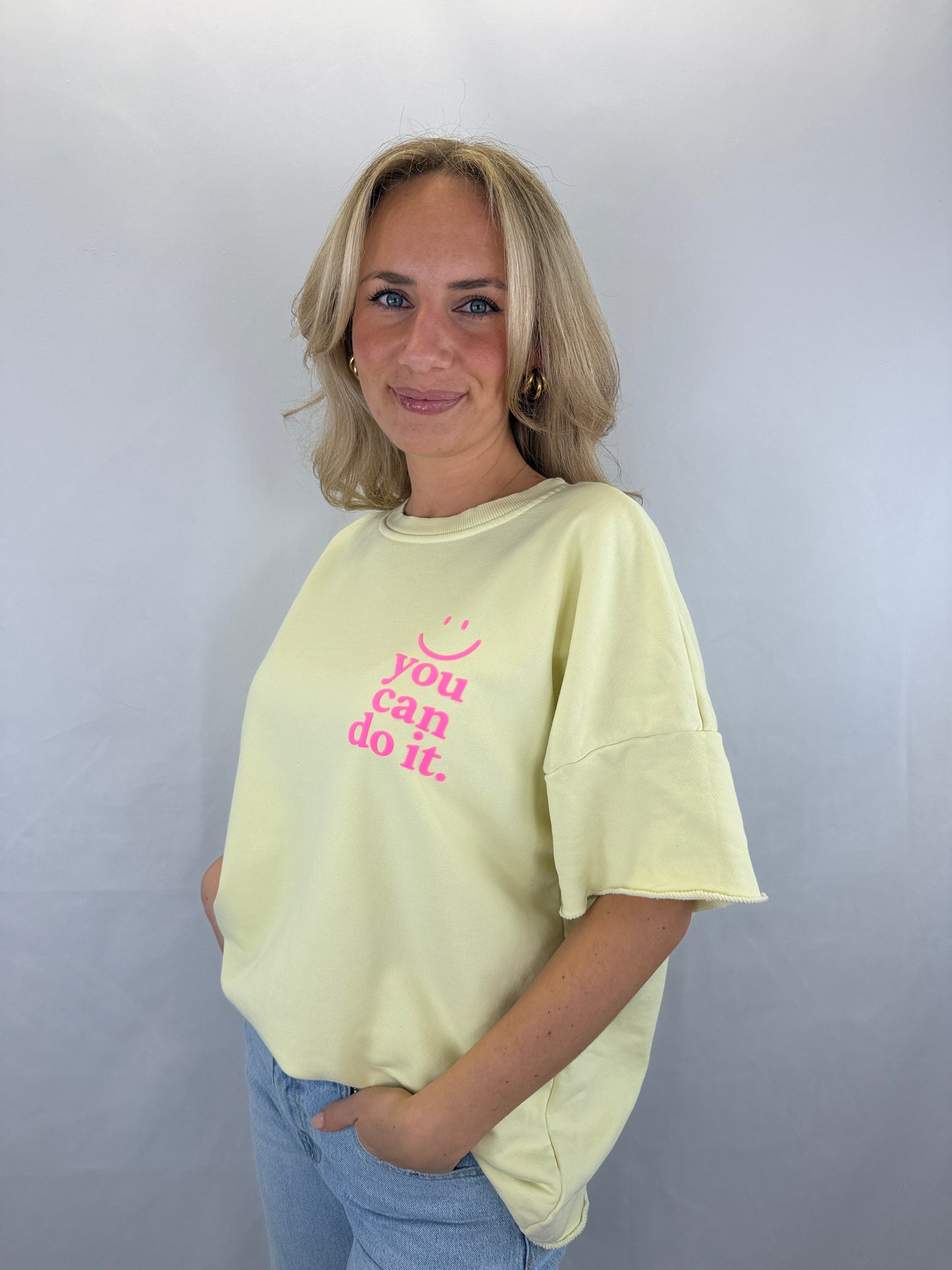 Oversize T-Shirt Smiley - gelb/neonpink