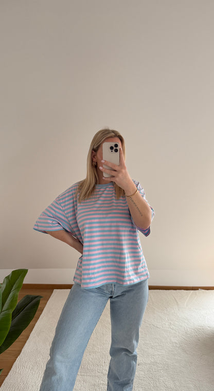 B-WARE Oversize T-Shirt Candy gestreift - blau/rosa
