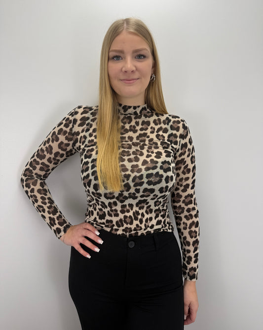 Cashmere Longsleeve Leoprint mit Kragen - beige