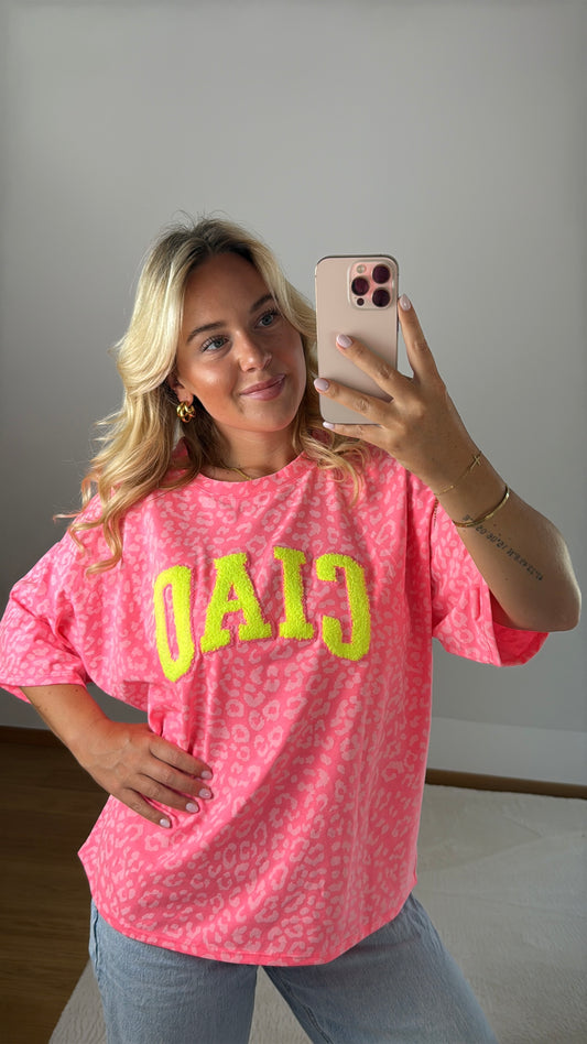 T-Shirt Ciao mit Leoprint - rosa/pink/neongelb