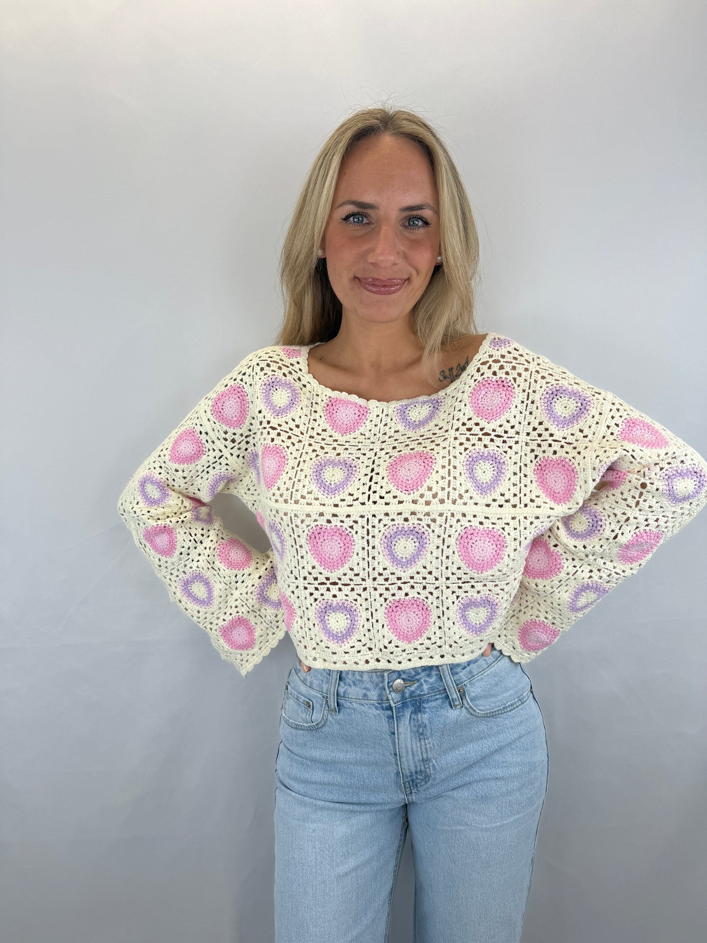 Langarmshirt gehäkelt Namida  - beige/rosa/lila