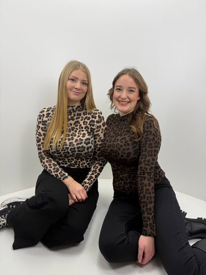 Cashmere Longsleeve Leoprint mit Kragen - beige