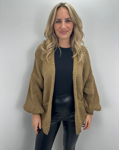 Basic Cardigan mit Ballonärmeln - mokka
