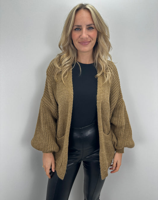 Basic Cardigan mit Ballonärmeln - mokka