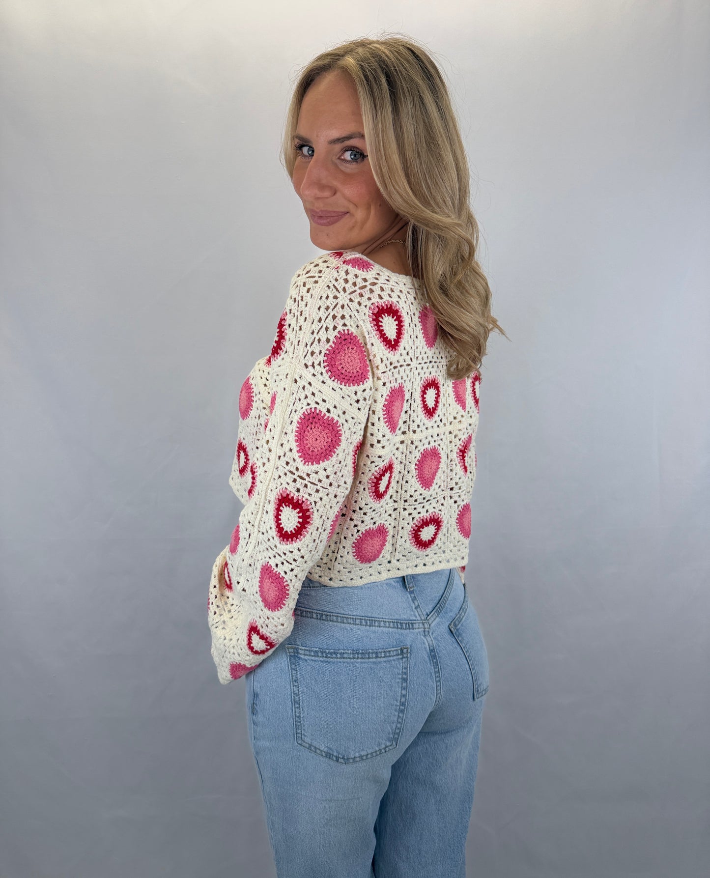 Langarmshirt gehäkelt Namida  - beige/rot/pink