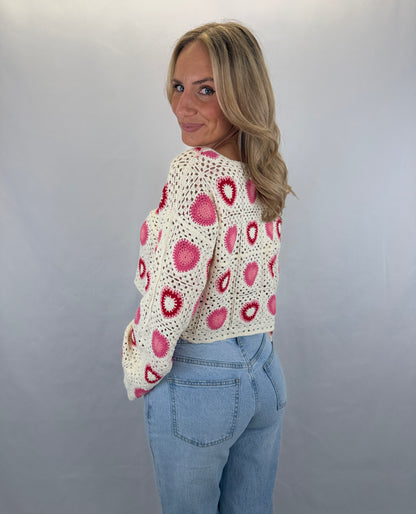 Langarmshirt gehäkelt Namida  - beige/rot/pink