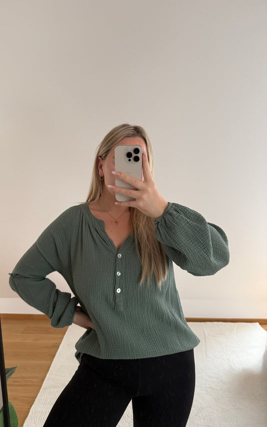 Musselinbluse mit Knopfleiste - khaki