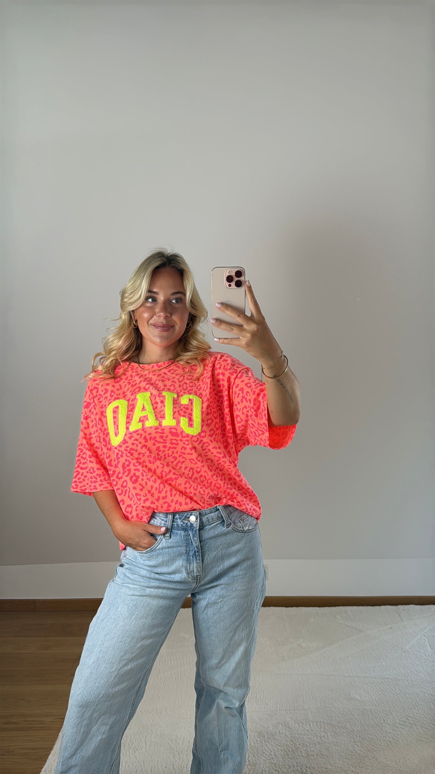 T-Shirt Ciao mit Leoprint - orange/pink/neongelb