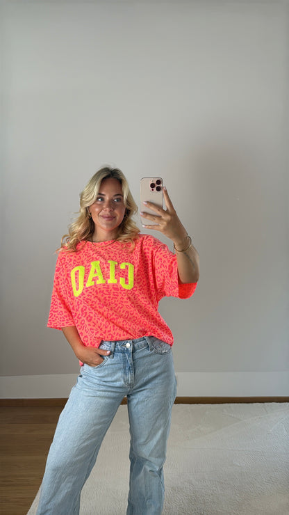 T-Shirt Ciao mit Leoprint - orange/pink/neongelb