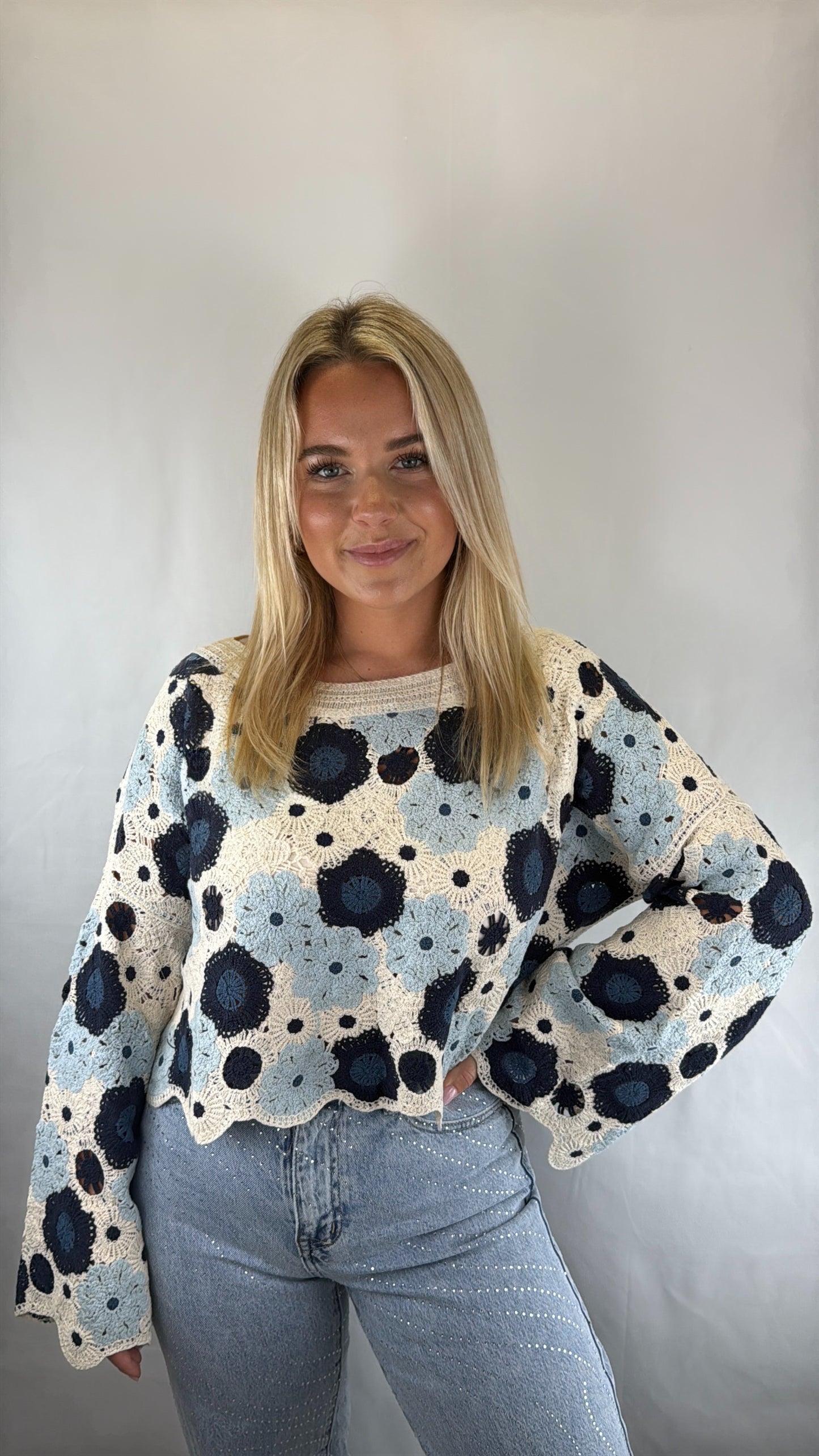 Langarmshirt gehäkelt Naomi - beige/blau/hellblau