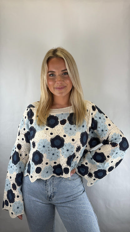 Langarmshirt gehäkelt Naomi - beige/blau/hellblau