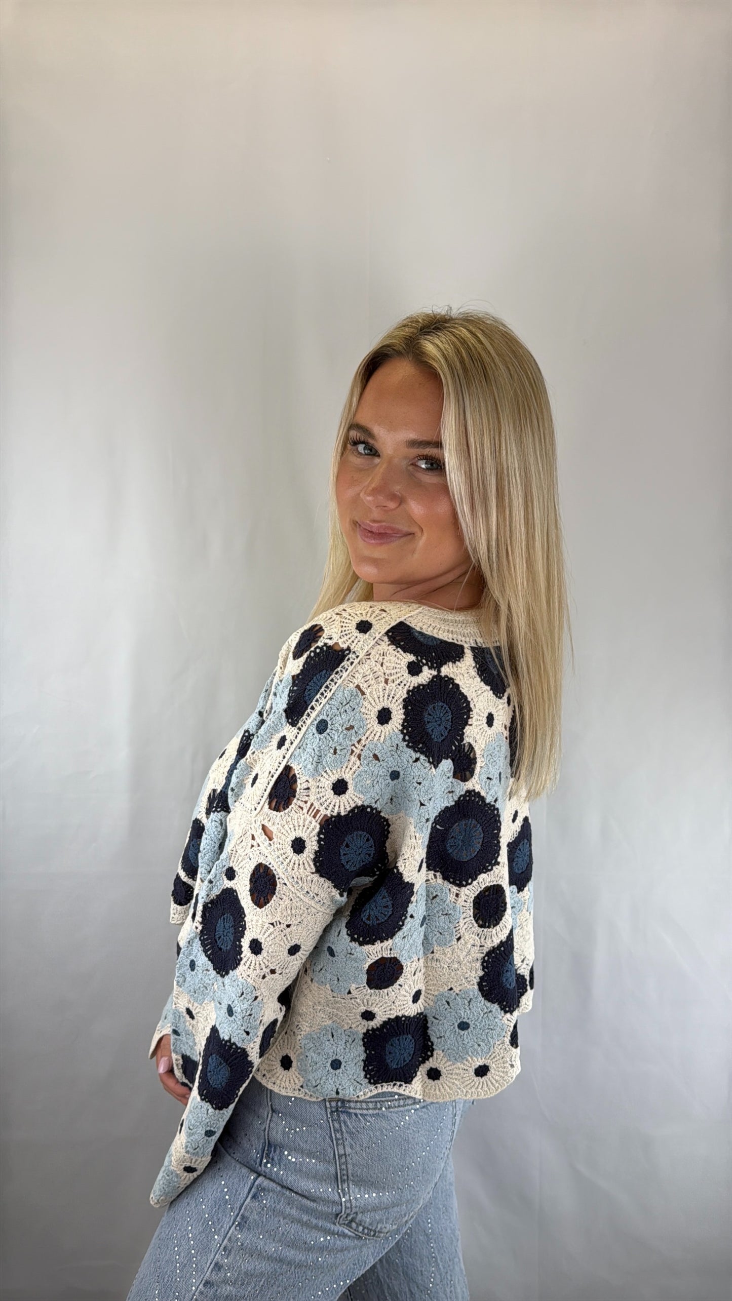 Langarmshirt gehäkelt Naomi - beige/blau/hellblau
