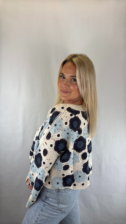 Langarmshirt gehäkelt Naomi - beige/blau/hellblau