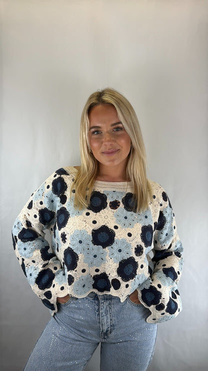 Langarmshirt gehäkelt Naomi - beige/blau/hellblau