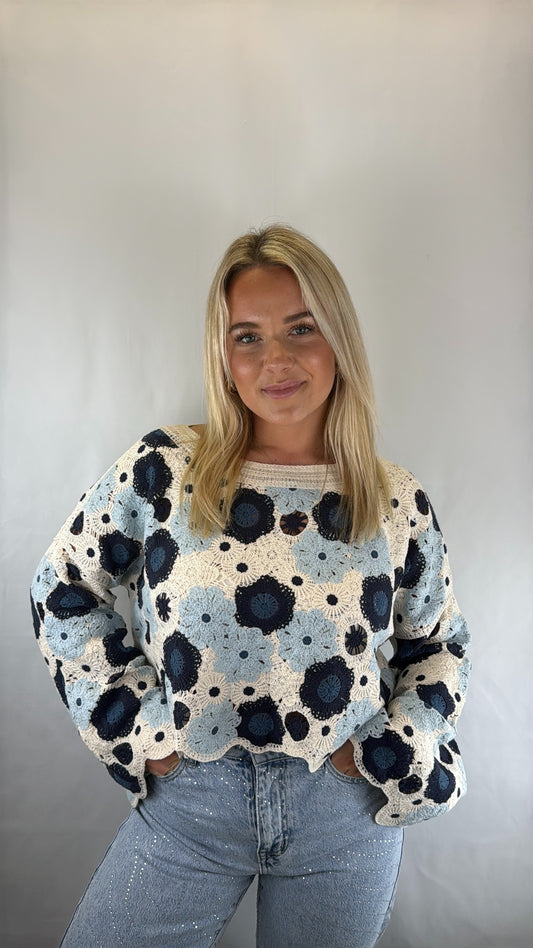 Langarmshirt gehäkelt Naomi - beige/blau/hellblau